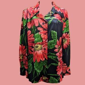 Vintage 1970s Long Sleeve Black and Red Floral Polyester Blouse